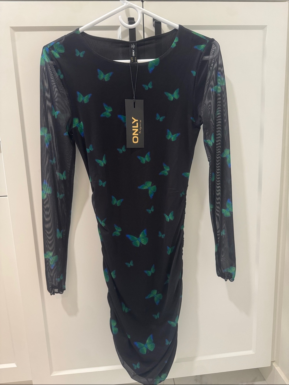 ONLY Black Long-Sleeve Mesh Dress with Green Butterfly Print